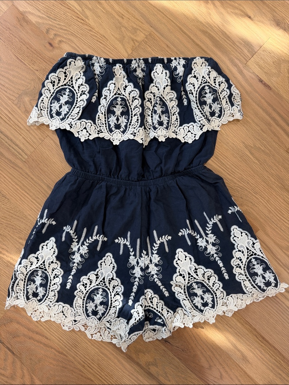 Navy Strapless Embroidered Romper with White Lace